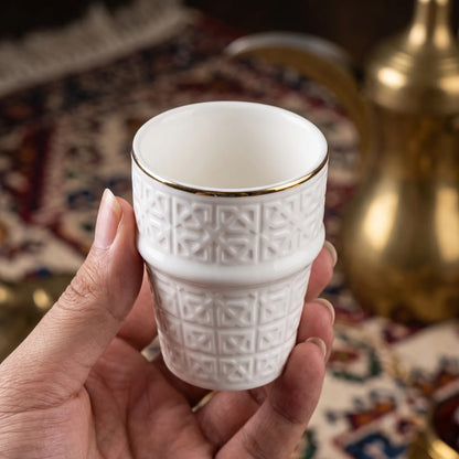 Dallah addar 12 pieces Arabic Moroccan bone china porcelain cups set – White Glossy Geometric Design with Metallic Rim