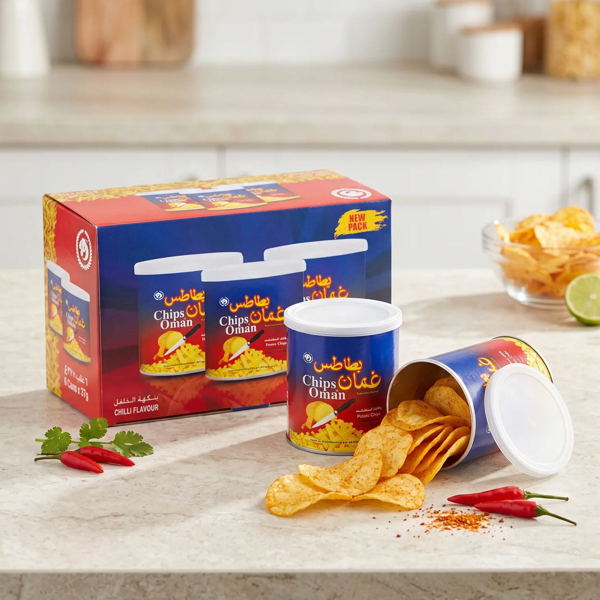 Chips Oman Chilli Flavour Potato Chips – New Pack, 6 Cans at 37g Each | Potato Snack for Sharing or Everyday Enjoyment