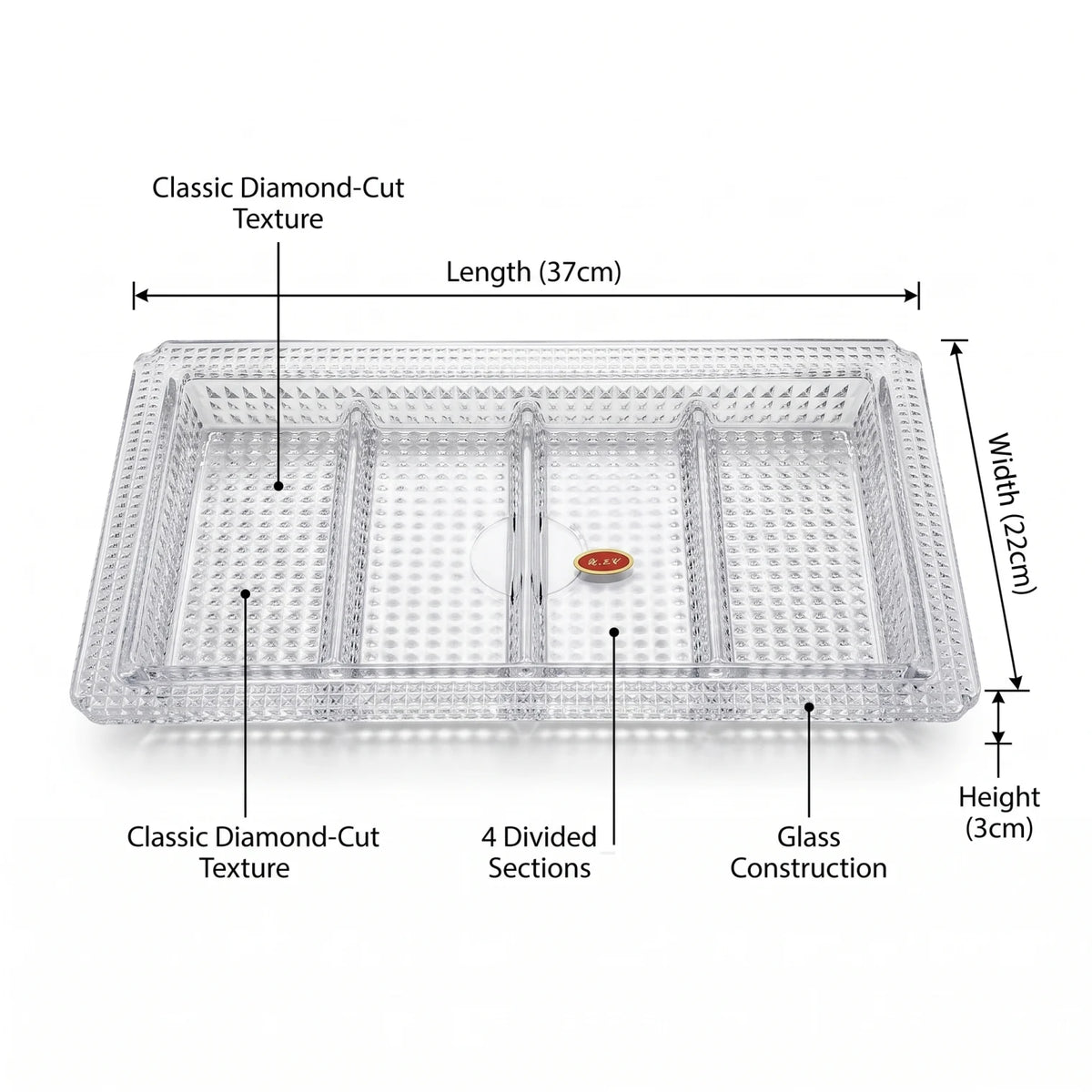 Premium 4-Section Rectangular Glass Serving Tray – 22 x 37 x 3 cm | Diamond-Cut Texture | Dessert, Dry Fruit and Snack Presentation