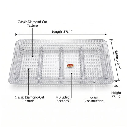 Premium 4-Section Rectangular Glass Serving Tray – 22 x 37 x 3 cm | Diamond-Cut Texture | Dessert, Dry Fruit and Snack Presentation