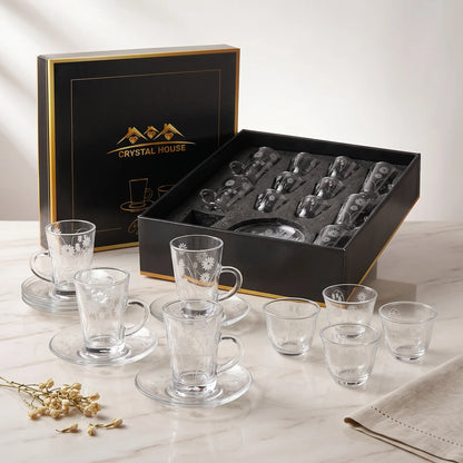 LITAIRE Crystal House 18-Piece Glass Tea & Arabic Coffee Set – 6 Tea Cups, 6 Saucers, 6 Coffee Cups with Floral Design and Presentation Box