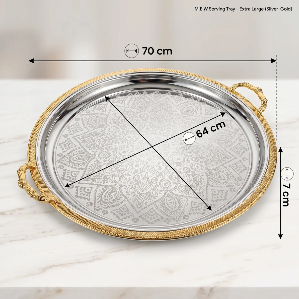 M.E.W Round Stainless Steel Serving Tray – Large & Extra Large | Mandala Floral Pattern | Decorative Handles | Silver, Gold & Silver - Gold - Silver - Gold / Extra Large - Image 2