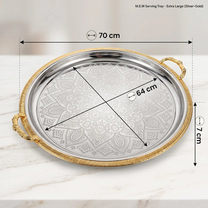M.E.W Round Stainless Steel Serving Tray – Large & Extra Large | Mandala Floral Pattern | Decorative Handles | Silver, Gold & Silver - Gold - Silver - Gold / Extra Large - Image 2
