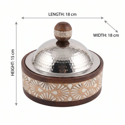 Dallah Addar Wooden and Steel Serving Pot with Lid, 15 x 18 x 18 cm | Halwa, Sweets, Candy and Nuts Serving Container