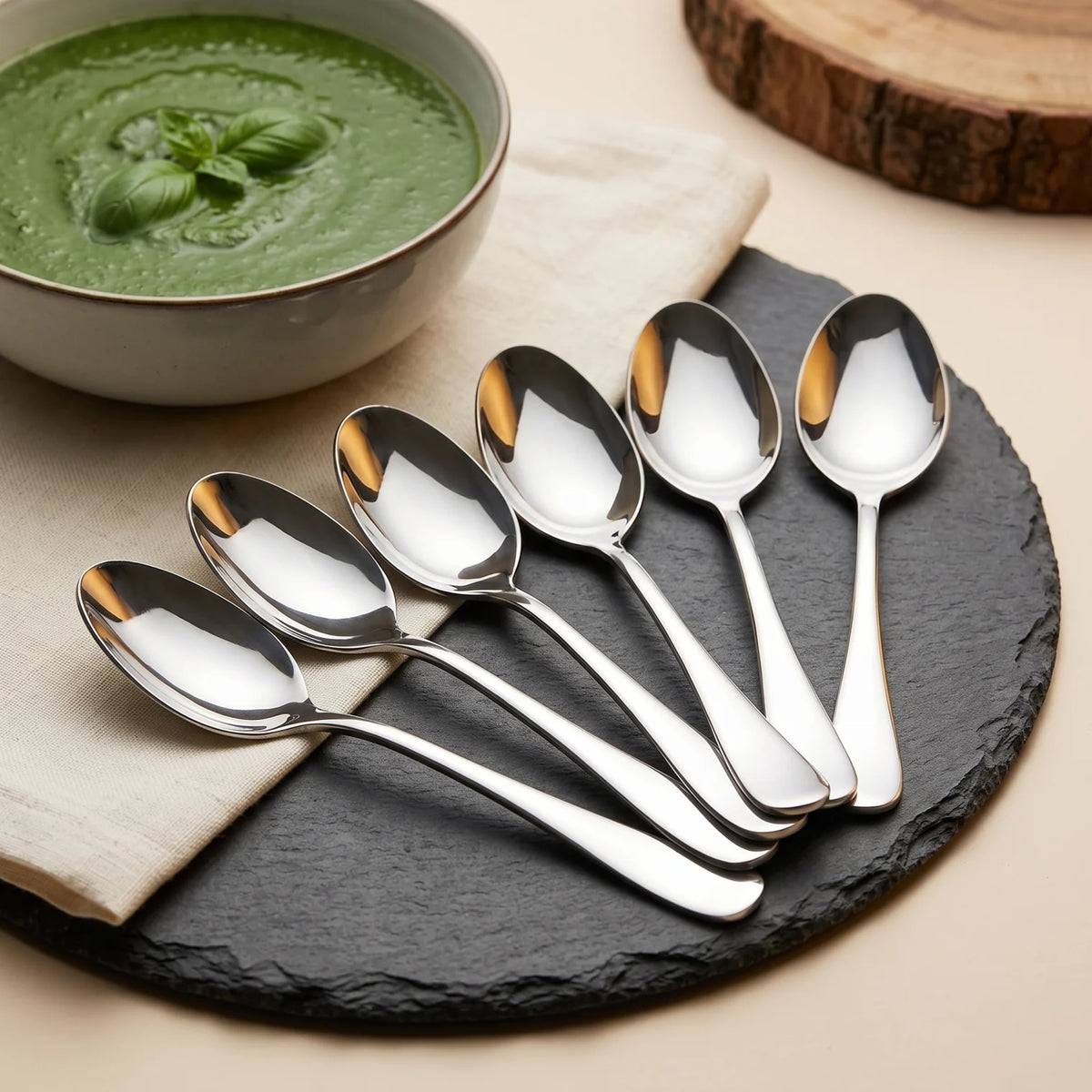 SOLE COOK Dinner Spoon Set – 6 Pieces, Silver Reflective Finish for Everyday Table and Kitchen Use