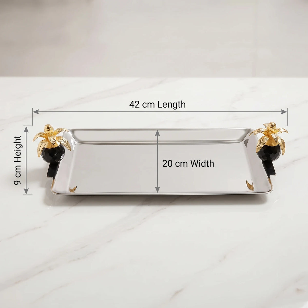 Luxury Sleek Metal Rectangular Decorative Tray – 42 x 20 x 9 cm | Polished Silver Finish with Gold Floral Handles