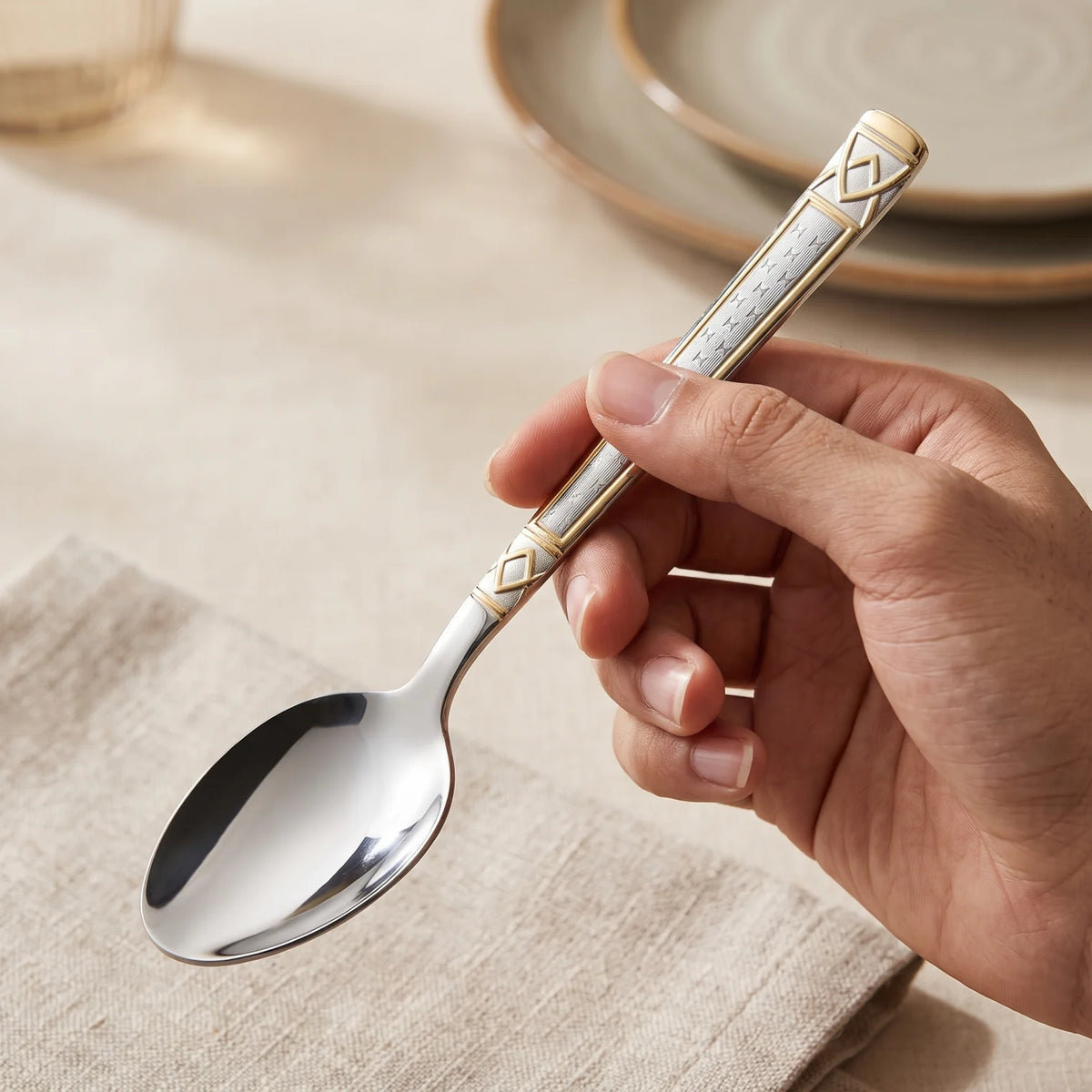 6 Pieces Stainless Steel Dinner Spoon Set – Silver and Gold-Tone Decorative Handles | Table Cutlery for Dining