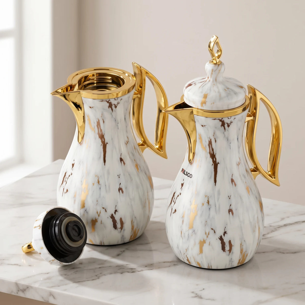 Pilsco 2-Piece Marble White - Gold Decorative Vacuum Flask Set, Arabic Design, Stainless Steel, 1.0 + 1.0 Liters