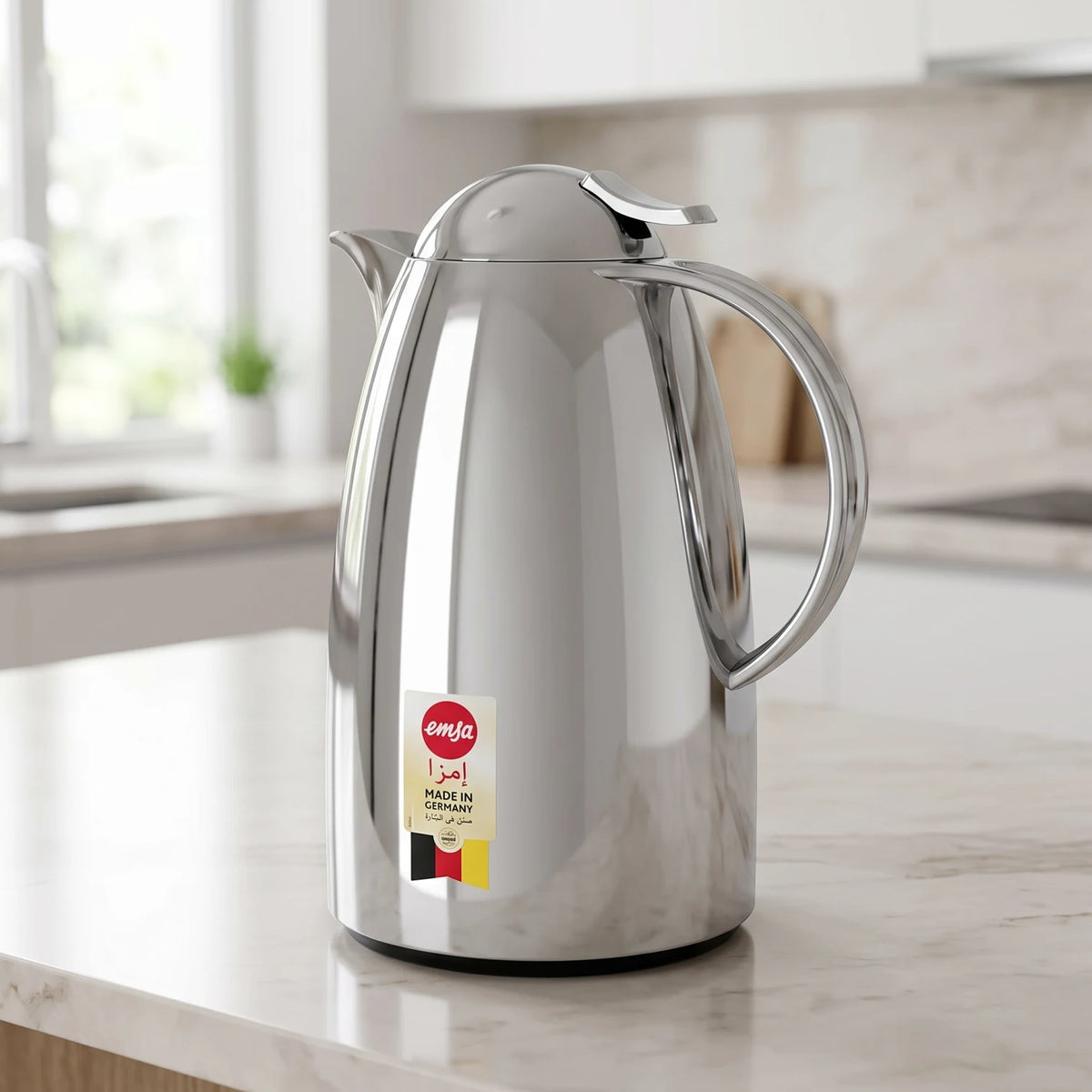 Emsa Auberge Chrome Flask 2.0 Liters – Premium Plastic Tea and Coffee Flask | Leak-Proof, Keeps Drinks Hot or Cold