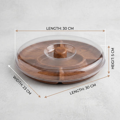Cake Stand with Domed Cover – 30 x 23 x 5 cm | Clear Cover, Raised Rim & Wood-Grain Presentation Base for Cakes and Desserts