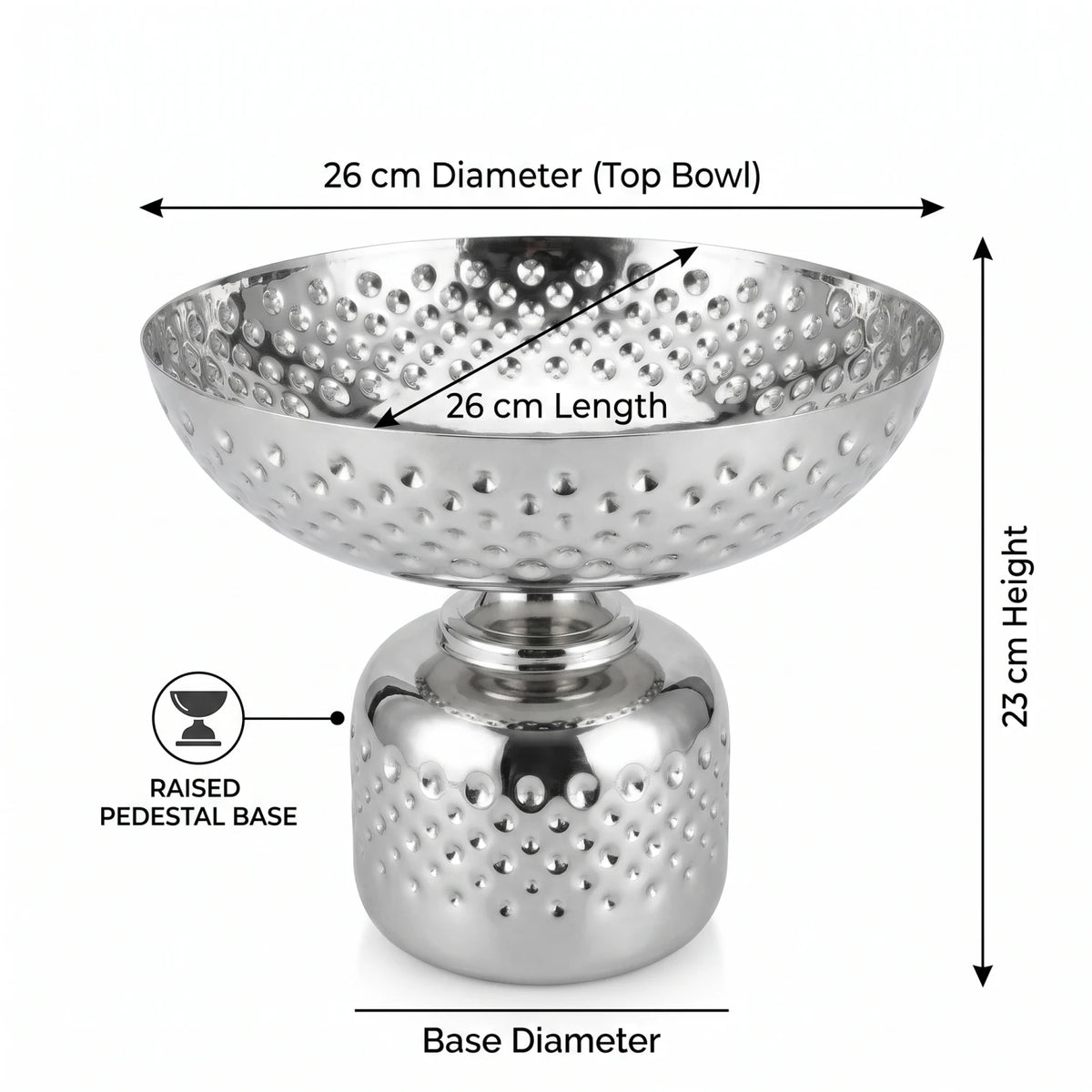Silver Metal Decorative Fruit Bowl (Large) – 23 x 26 x 26 cm | Footed Design | Raised Textured Pattern | Tabletop Display