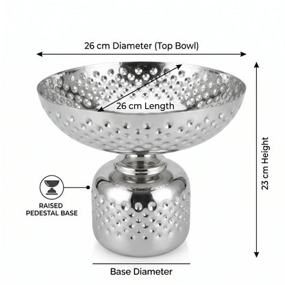 Silver Metal Decorative Fruit Bowl (Large) – 23 x 26 x 26 cm | Footed Design | Raised Textured Pattern | Tabletop Display