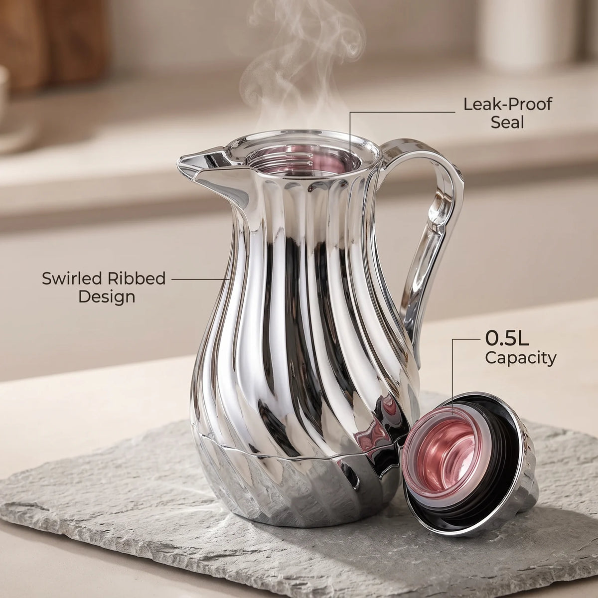 Regal Metal Vacuum Flask 0.5L – Swirled Ribbed Design | Leak-Proof Tea & Coffee Flask, 12-Hour Hot, 24-Hour Cold