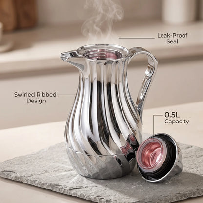Regal Metal Vacuum Flask 0.5L – Swirled Ribbed Design | Leak-Proof Tea & Coffee Flask, 12-Hour Hot, 24-Hour Cold