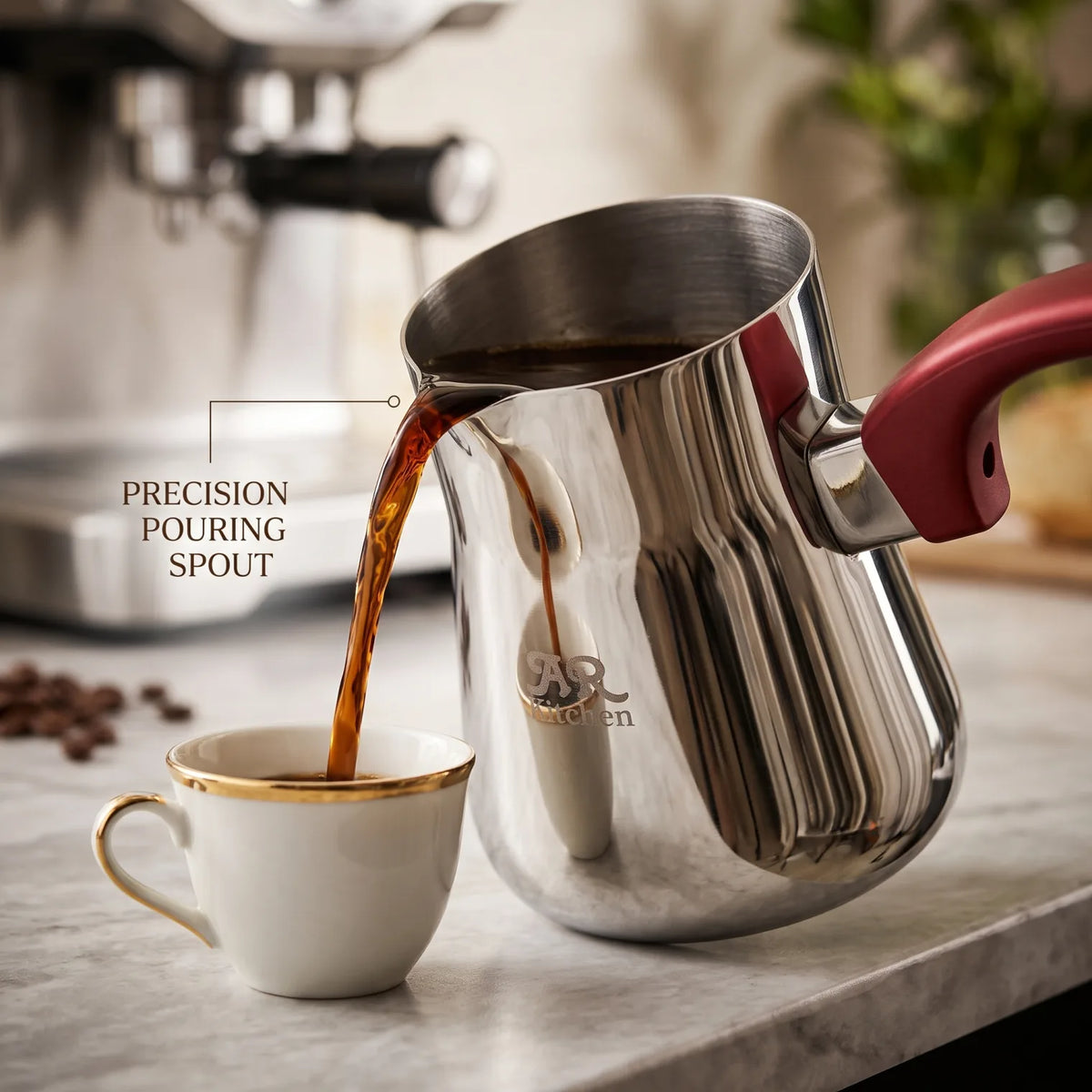 AR kitchen 450 ML Stainless Steel Coffee Pot – Reflective Ridged Body, Red Handle, Side Pouring Spout, Stovetop Pouring Pot