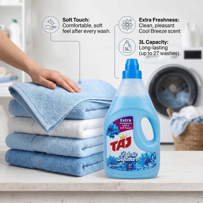 Taj Fabric Softener Cool Breeze – 3 Liters | Extra Freshness | Soft Touch | 27 Washes