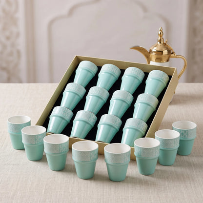 Dallah addar 12 Pieces Arabic Moroccan Bone China Porcelain Cups Set – Mint Handleless Drinking Cups with Floral Pattern and Presentation Box