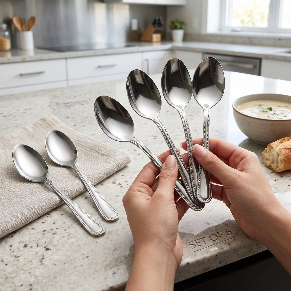 GARISON Stainless Steel Dinner Spoons, 6-Piece Set – Black Handles, Silver Bowls, Decorative Dotted Detailing for Everyday Table Settings