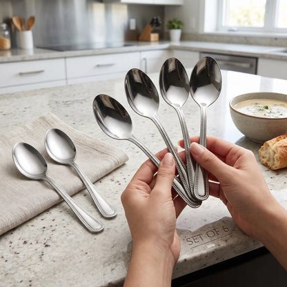 GARISON Stainless Steel Dinner Spoons, 6-Piece Set – Black Handles, Silver Bowls, Decorative Dotted Detailing for Everyday Table Settings