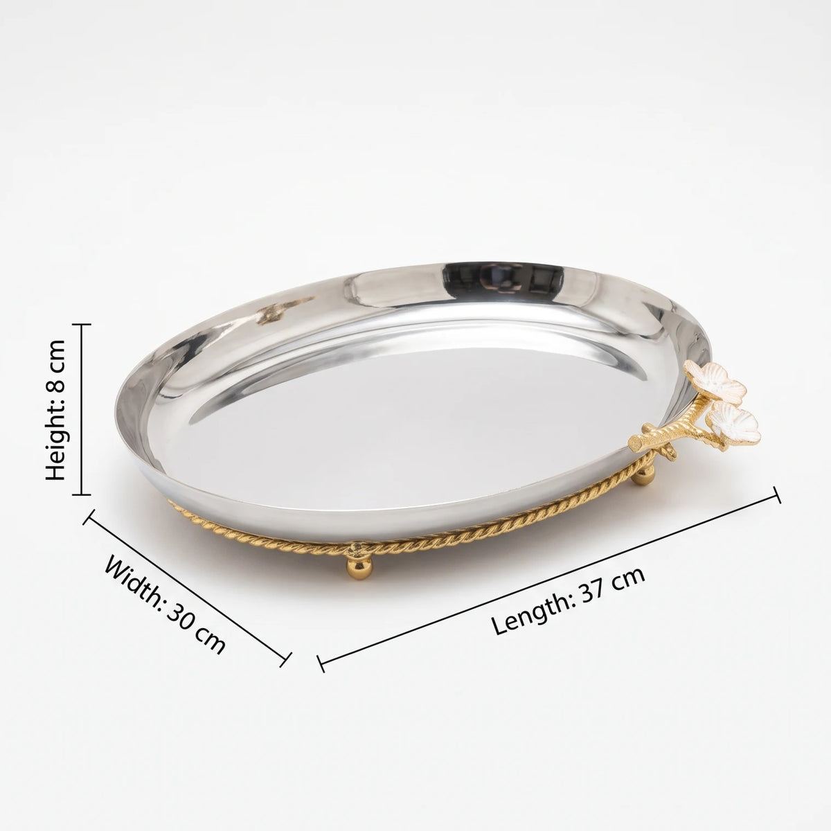 Silver Decorative Metal Tray with Floral Embellishment & Golden Feet – Small, Medium & Large | Raised-Rim Serving and Display Tray - Small - Image 2