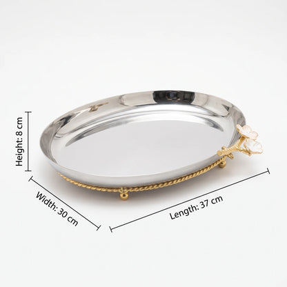 Silver Decorative Metal Tray with Floral Embellishment & Golden Feet – Small, Medium & Large | Raised-Rim Serving and Display Tray - Small - Image 2