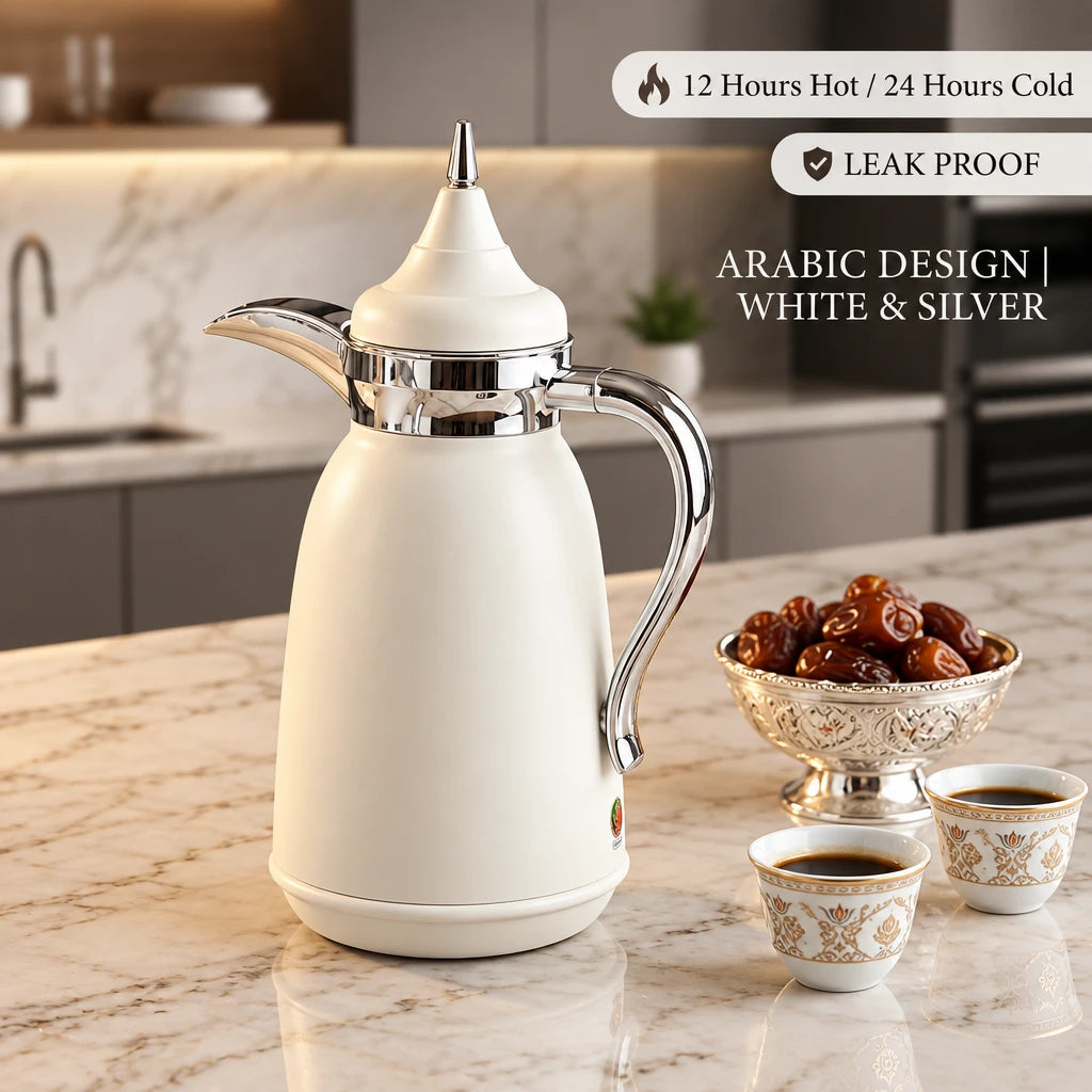 Najib 2-Piece White Silver premium Vacuum Flask Set – 1.0 + 1.0 Liters | Arabic Design | Leak Proof | Keeps Hot and Cold
