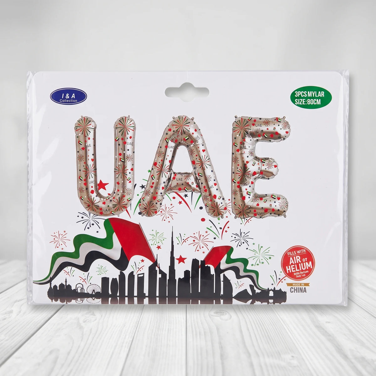 UAE National Day Balloon Set – 3PCS 80CM Mylar Foil Letter Balloons | Silver UAE Design in Red, Green, Black & White for Air or Helium