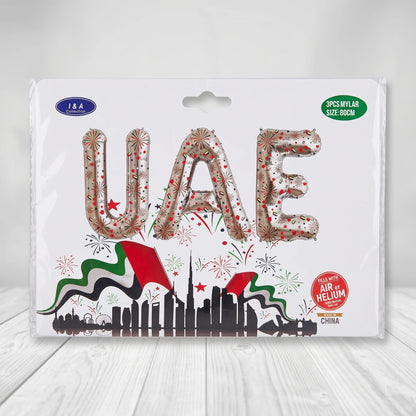 UAE National Day Balloon Set – 3PCS 80CM Mylar Foil Letter Balloons | Silver UAE Design in Red, Green, Black & White for Air or Helium