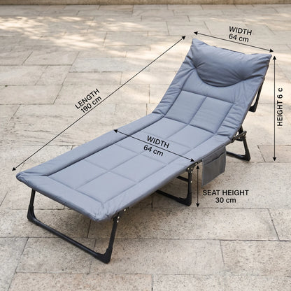 Jiham Foldable outdoor camping Bed – Grey 190cm Folding Cot | Adjustable Reclining Backrest, Metal Frame, Linen-weave or Plain Fabric - Plain - Image 2