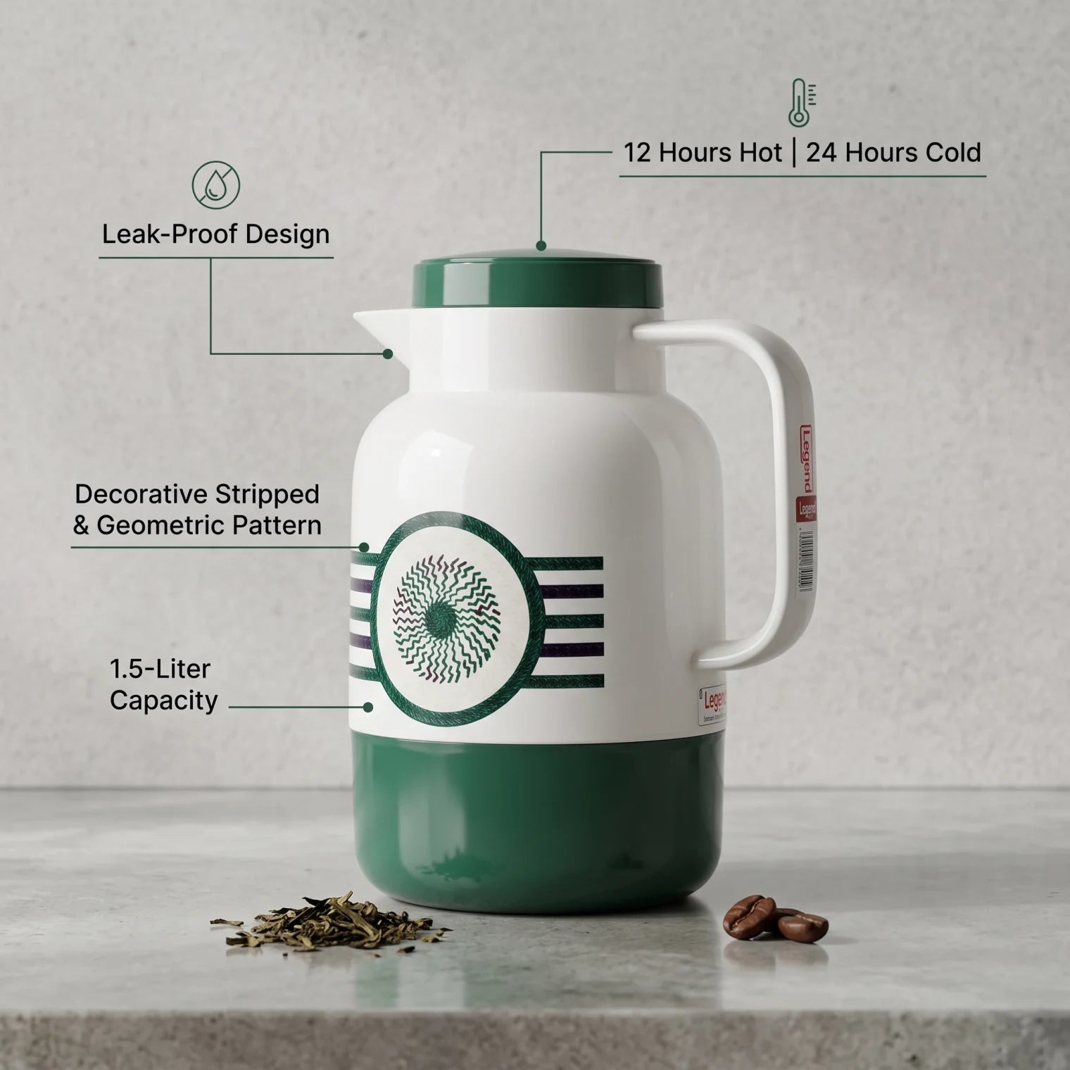 Legend Vacuum Flask 1.5 Liters with Decorative Stripped & Geometric Pattern | Leak Proof Tea and Coffee Flask