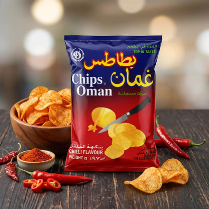 Oman Chips Chilli Flavour 97 g – Spicy Chilli Crisps Snack | Made in Oman | Red and Dark Blue Pack