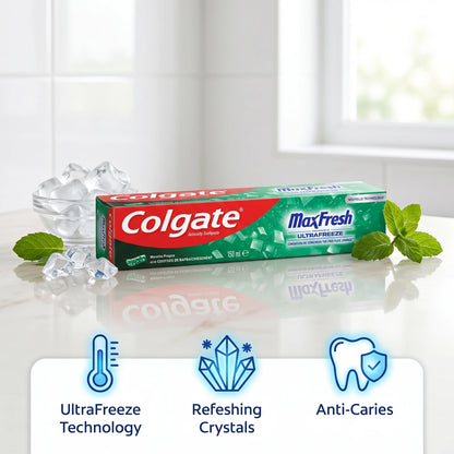 Colgate MaxFresh Menthe Propre Toothpaste 150 ml – Anti-Caries Formula with UltraFreeze Technology and Refreshing Crystals