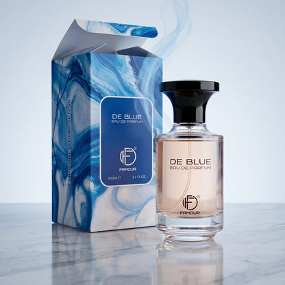 FAMOUR DE BLUE Eau de Parfum 100 ML – Clear Rectangular Bottle, Black Cap and Decorative Base
