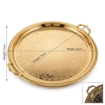 M.E.W Round Stainless Steel Serving Tray – Large & Extra Large | Mandala Floral Pattern | Decorative Handles | Silver, Gold & Silver - Gold - Gold / Extra Large - Image 2