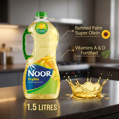 Noor Frylite Blended Vegetable Cooking Oil 1.5 LITRES – Refined Palm Super Olein, Vitamins A & D, 100% Vegetable Oil