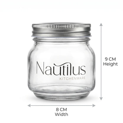 Natilis Glass Storage Jar with Steel Lid – 9 cm Height, 8 cm Width | Clear Cylindrical Kitchen Container with Ribbed Screw Lid