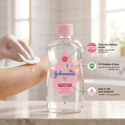 Johnson’s Baby Oil 500ml – Clinically Mildness Proven, 0% Parabens and Dyes, Moisture Care