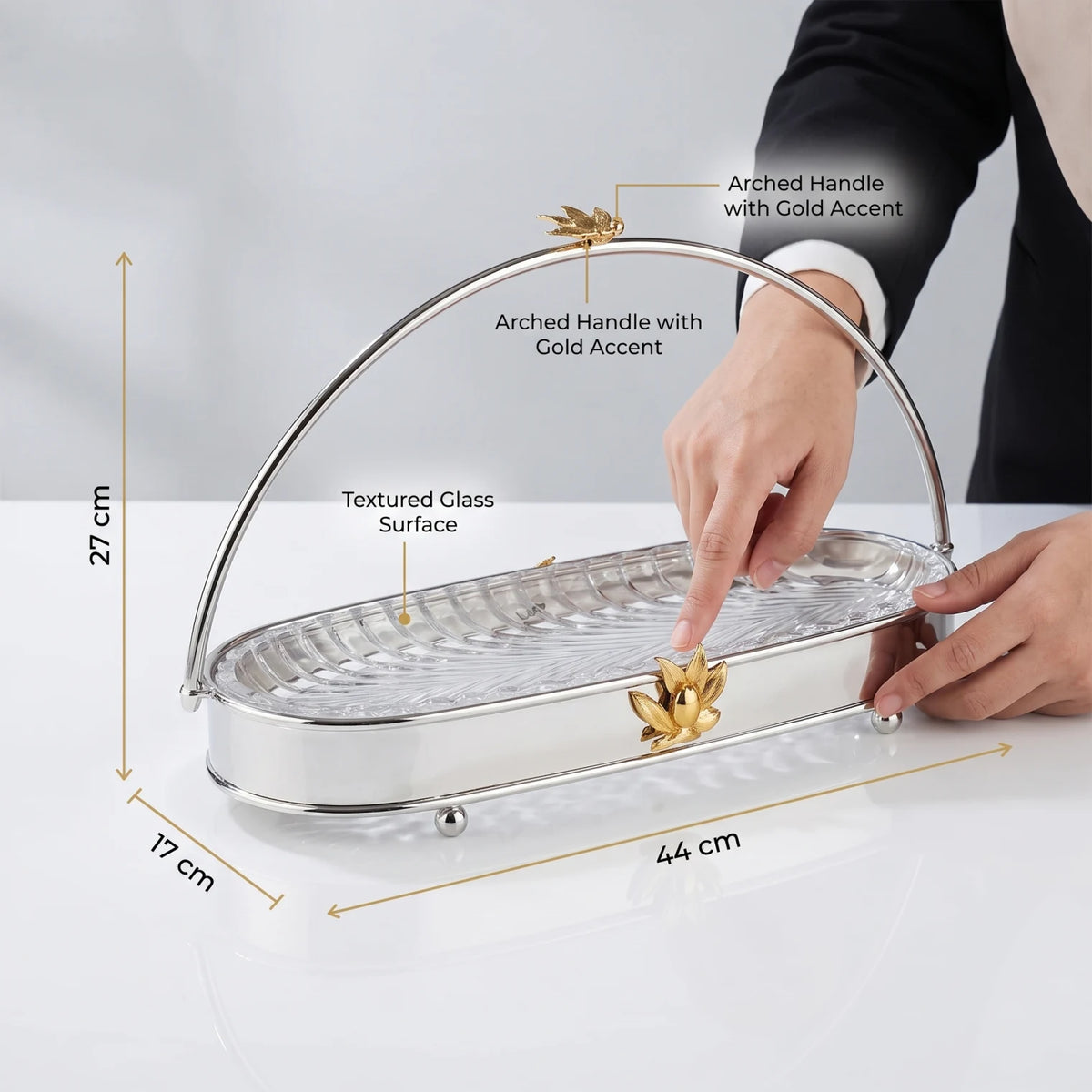 MAY FLOWER Premium Medium Oval Serving Tray – Steel and Glass Food Display Stand with Arch Handle, Gold-Toned Floral Accent, 27 x 17 x 44 cm