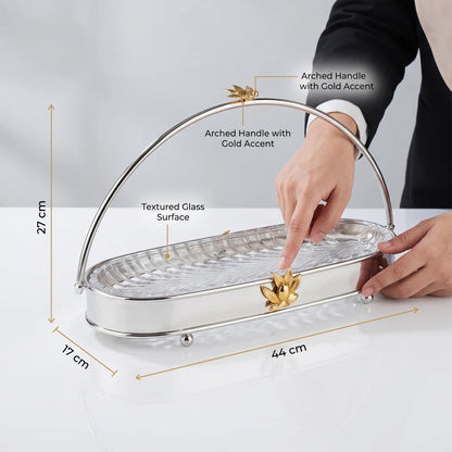 MAY FLOWER Premium Medium Oval Serving Tray – Steel and Glass Food Display Stand with Arch Handle, Gold-Toned Floral Accent, 27 x 17 x 44 cm