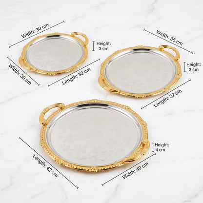 Ripple 3-Piece Luxury Metal Serving Tray Set – Ornate Handles, Floral Pattern Centers, Decorative Raised Rims, Small to Large Sizes - Gold - Silver - Image 2
