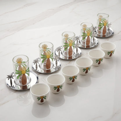 Fashion Home Elegant 18-Piece Tea and Coffee Set – Double-Wall Glass Cups, White Palm Design Coffee Cups, Metallic Saucers & Magnetic Ornaments