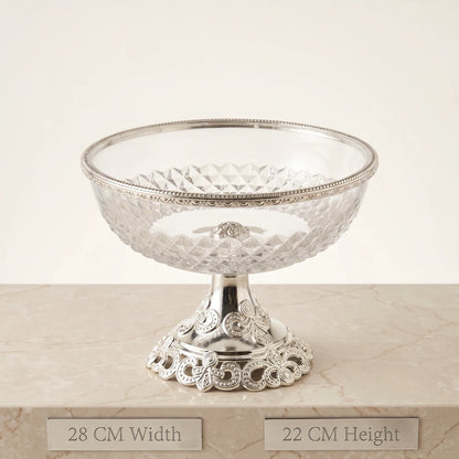 Glass Serving Bowl 28 cm × 22 cm – Elevated Pedestal Design | Faceted Clear Glass with Decorative Metal Base and Rim - Silver - Image 2