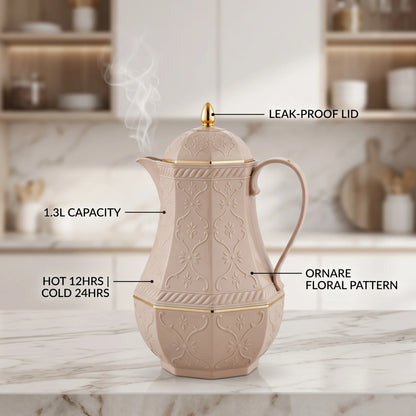 Rose Beige Premium Vacuum Flask 1.3L – Ornate Floral Pattern, Leak-Proof Tea & Coffee Thermos for Hot or Cold Drinks