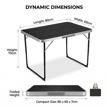 Alluminium Alloy Portable Folding Camping and Picnic Table – 80 x 60 x 70cm | Black and White Lining Texture Top