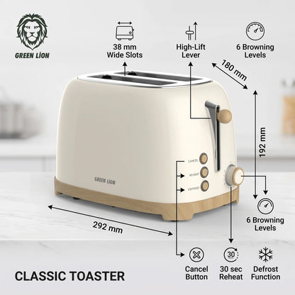 GREEN LION Classic Toaster 2-Slice 815W – 6-Level Browning, Defrost, Reheat & Cancel, Browning Dial, Lift Lever, Cream Kitchen Toaster