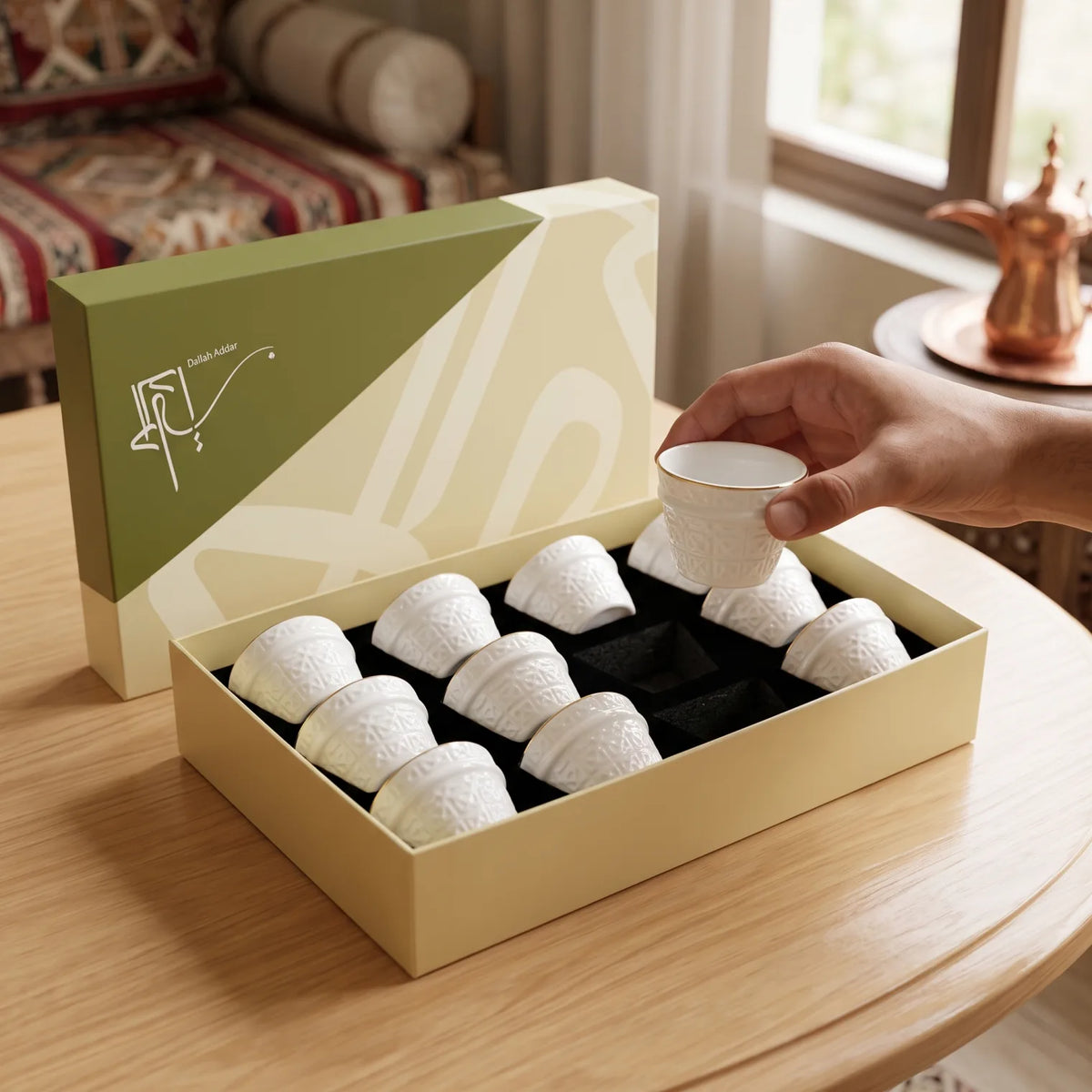 Dallah addar Arabic Moroccan bone china porcelain coffee cups 12 pieces set | White Glossy Cups with Gold Rim and Geometric Pattern