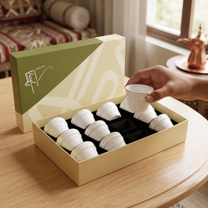 Dallah addar Arabic Moroccan bone china porcelain coffee cups 12 pieces set | White Glossy Cups with Gold Rim and Geometric Pattern