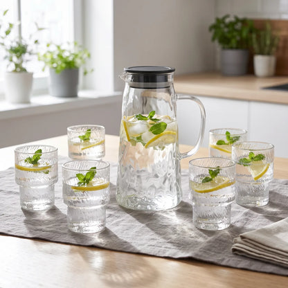 ROSE 7-Piece Glass Jug and Cups Set – Lidded Pitcher with Six Textured Drinking Glasses for Everyday Serving