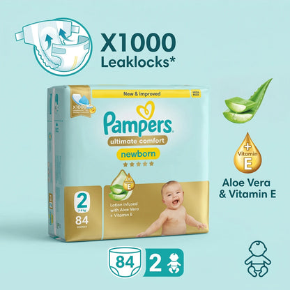 Pampers Newborn Ultimate Comfort Size 2, 3–8 kg, 84 Diapers Mega Pack | Aloe Vera & Vitamin E Lotion | X1000 Leaklocks Protection