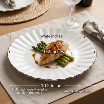 10.2 Inches Dinner Plate – White Glossy Finish, Scalloped Flower-Like Edge and Dark Rim